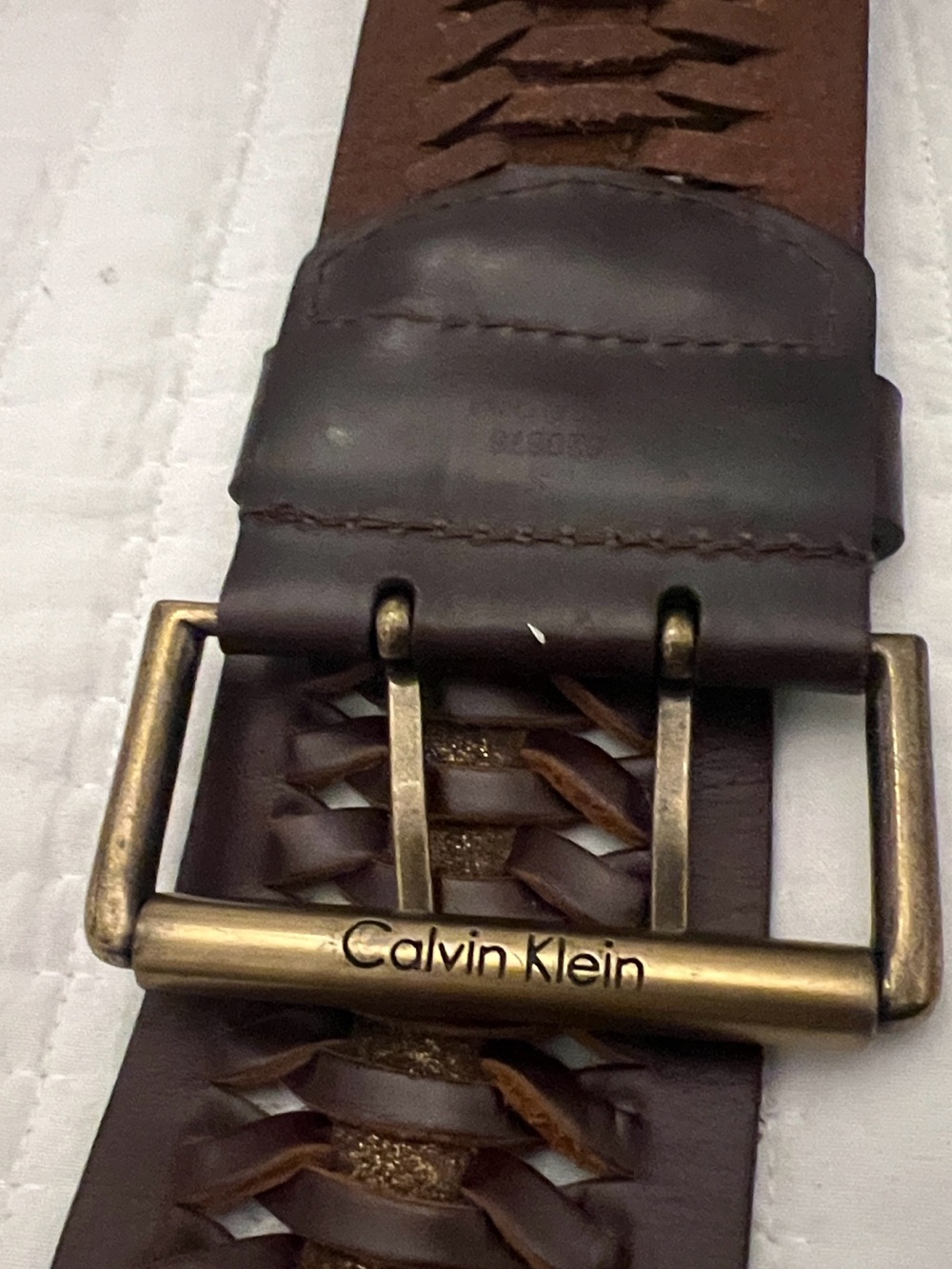 Calvin Klein Dark Brown Braided Leather Belt with Brass-Tone Buckle